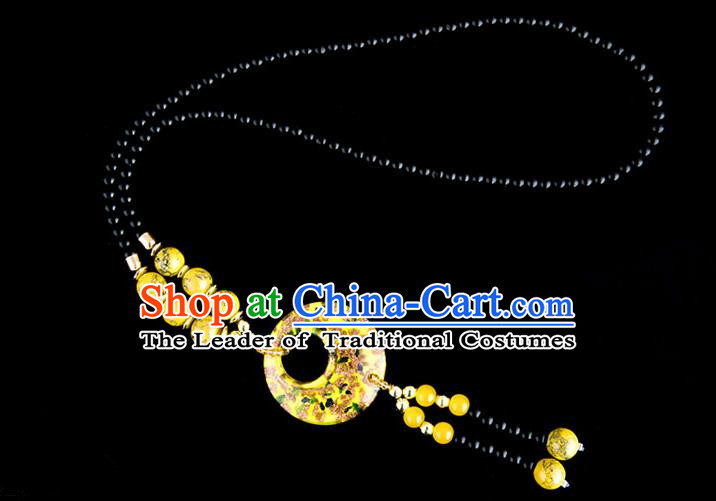 Traditional Chinese Miao Nationality Crafts, China Handmade Beads Yellow Coloured Glaze Sweater Chain, China Miao Ethnic Minority Necklace Accessories Pendant for Women