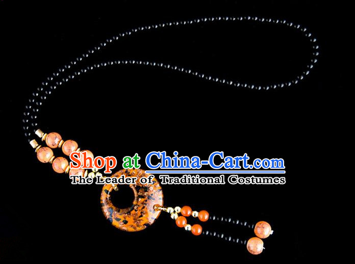 Traditional Chinese Miao Nationality Crafts, China Handmade Beads Orange Coloured Glaze Sweater Chain, China Miao Ethnic Minority Necklace Accessories Pendant for Women
