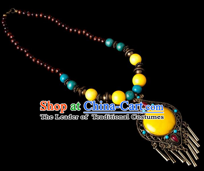 Traditional Chinese Zang Nationality Crafts, China Handmade Tibet Beads Yellow Drop-shaped Tassel Sweater Chain, Tibetan Ethnic Minority Necklace Accessories Pendant for Women