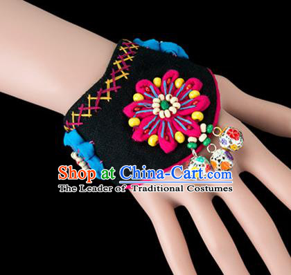 Traditional Chinese Miao Nationality Crafts, Yunan Hmong Handmade Black Fabrics Flower Bracelet Cuff Bells Hand Decorative, China Miao Ethnic Minority Bangle Accessories for Women