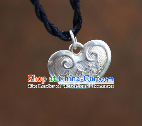 Traditional Chinese Miao Nationality Crafts Jewelry Accessory, Hmong Handmade Miao Silver Bells Heart-Shaped Pendant, Miao Ethnic Minority Necklace Accessories Sweater Chain Pendant for Women