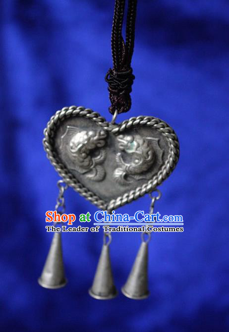 Traditional Chinese Miao Nationality Crafts Jewelry Accessory, Hmong Handmade Miao Silver Kiss Fish Heart-shaped Pendant, Miao Ethnic Minority Necklace Accessories Sweater Chain Pendant for Women