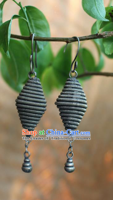 Traditional Chinese Miao Nationality Crafts Jewelry Accessory Classical Earbob Accessories, Hmong Handmade Miao Silver Palace Tassel Earrings, Miao Ethnic Minority Eardrop for Women
