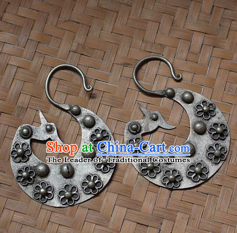 Traditional Chinese Miao Nationality Crafts Jewelry Accessory Classical Earbob Accessories, Hmong Handmade Miao Silver Birds Palace Lady Earrings, Miao Ethnic Minority Eardrop for Women