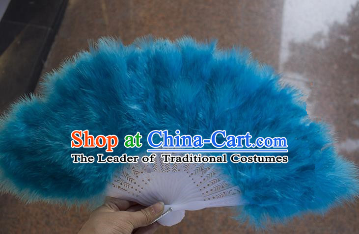 Traditional Handmade Chinese Classical Feather Fans, China Folk Dance Fan Dance Stage Performance Blue Fan for Women