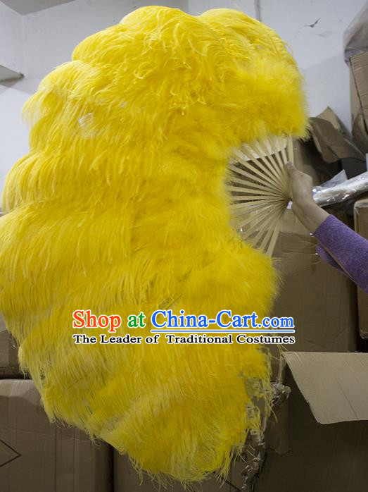 Traditional Handmade Chinese Classical Ostrich Feather Fans, China Folk Dance Fan Dance Stage Performance Large Size Yellow Fan for Women