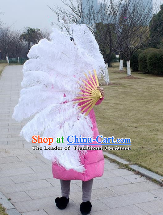 Traditional Handmade Chinese Classical Ostrich Feather Fans, China Folk Dance Fan Dance Stage Performance Large Size Fan for Women