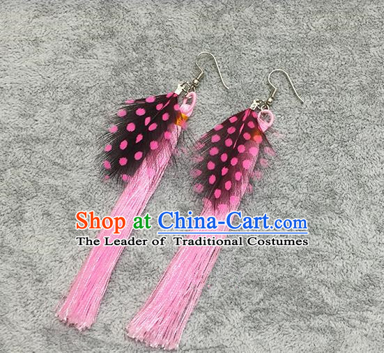 Chinese Classicla Jewelry Accessory Earbob Accessories, Handmade Pink Feather Tassel Earrings Eardrop for Women