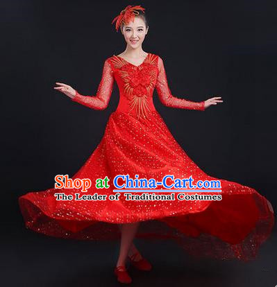 Traditional Chinese Modern Dancing Costume, Women Opening Classic Stage Performance Chorus Singing Group Dance Paillette Costume, Modern Dance Long Red Dress for Women