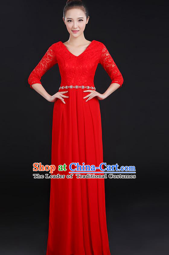 Traditional Chinese Modern Dancing Costume, Women Opening Classic Chorus Singing Group Dance Lace Clothing, Modern Dance Long Red Dress for Women