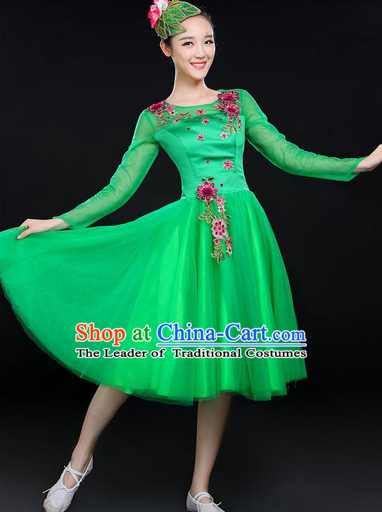 Traditional Chinese Modern Dancing Costume, Women Opening Classic Chorus Singing Group Dance Costume, Modern Dance Big Swing Embroidered Green Short Dress for Women