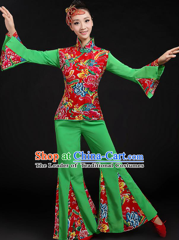 Traditional Chinese Yangge Fan Dancing Costume, Folk Dance Yangko Peony Uniforms, Classic Dance Dress Drum Dance Green Clothing for Women