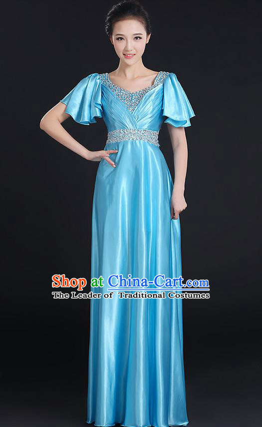 Traditional Chinese Modern Dancing Compere Costume, Women Opening Classic Chorus Singing Group Dance Uniforms, Modern Dance Crystal Long Blue Dress for Women