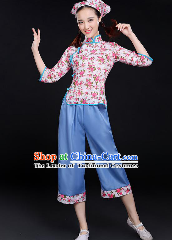 Traditional Chinese Yangge Fan Dancing Costume, Folk Dance Yangko Tea-Picking Uniforms, Classic Dance Elegant Dress Drum Dance Pink Clothing for Women