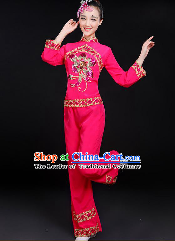 Traditional Chinese Yangge Fan Dancing Costume, Folk Dance Yangko Uniforms, Classic Dance Elegant Dress Drum Dance Paillette Peony Rose Clothing for Women