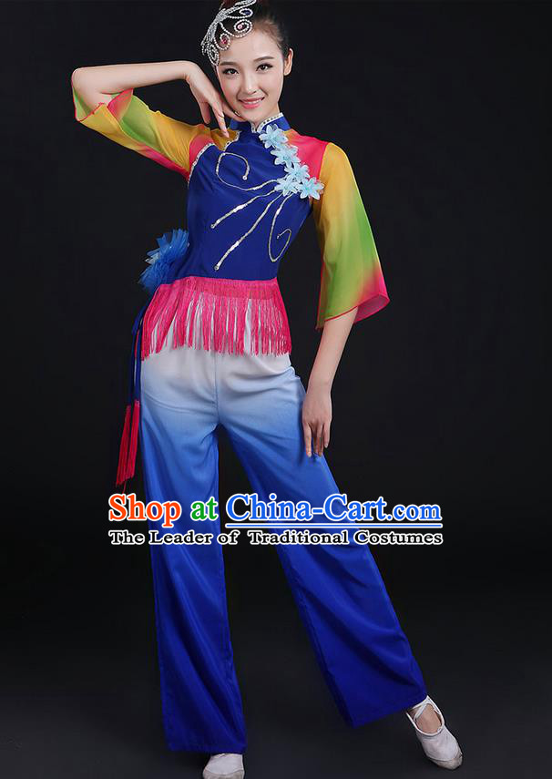 Traditional Chinese Yangge Fan Dancing Costume, Folk Dance Yangko Mandarin Sleeve Uniforms, Classic Dance Elegant Dress Drum Dance Tassel Blue Clothing for Women