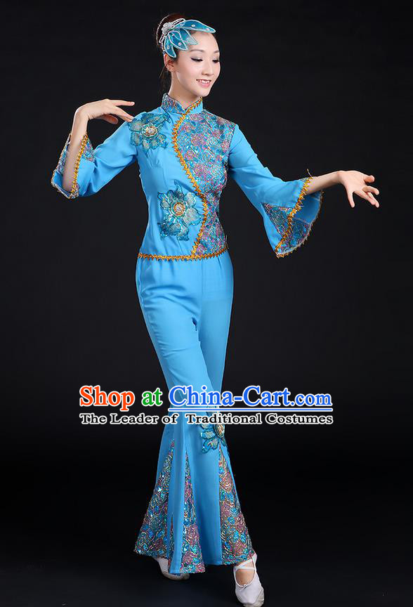 Traditional Chinese Yangge Fan Dancing Costume, Folk Dance Yangko Mandarin Sleeve Paillette Uniforms, Classic Dance Elegant Dress Drum Dance Paillette Blue Clothing for Women