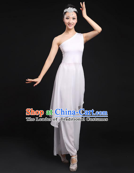 Traditional Chinese Yangge Fan Dancing Costume, Folk Dance Yangko Uniforms, Classic Umbrella Dance Elegant Dress Drum Dance White Clothing for Women