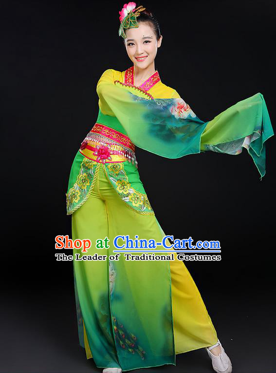 Traditional Chinese Yangge Fan Dancing Costume, Folk Dance Yangko Water Sleeve Uniforms, Classic Umbrella Dance Elegant Dress Drum Dance Green Clothing for Women