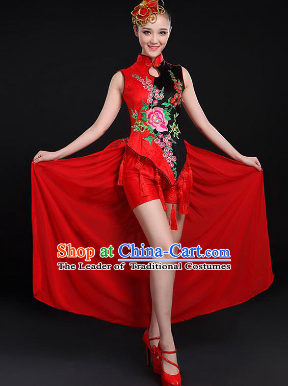 Traditional Chinese Yangge Fan Dancing Costume, Folk Dance Yangko Embroidered Uniforms, Classic Umbrella Dance Elegant Dress Drum Dance Cheongsam Red Clothing for Women