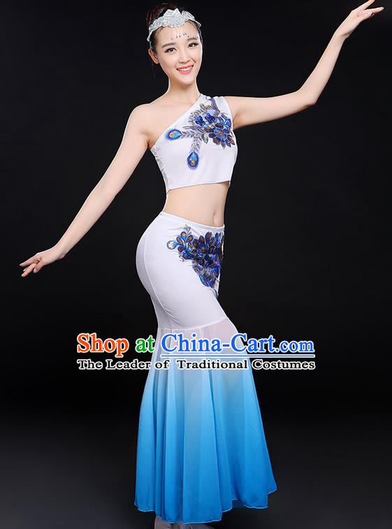 Traditional Chinese Dai Nationality Peacock Dancing Costume, Folk Dance Ethnic Paillette Flowers Fishtail Dress Uniform, Chinese Minority Nationality Dancing White Clothing for Women