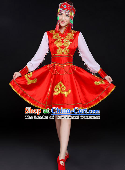 Traditional Chinese Mongol Nationality Dancing Costume, Mongols Female Folk Dance Ethnic Skirt, Chinese Mongolian Minority Nationality Embroidery Costume for Women