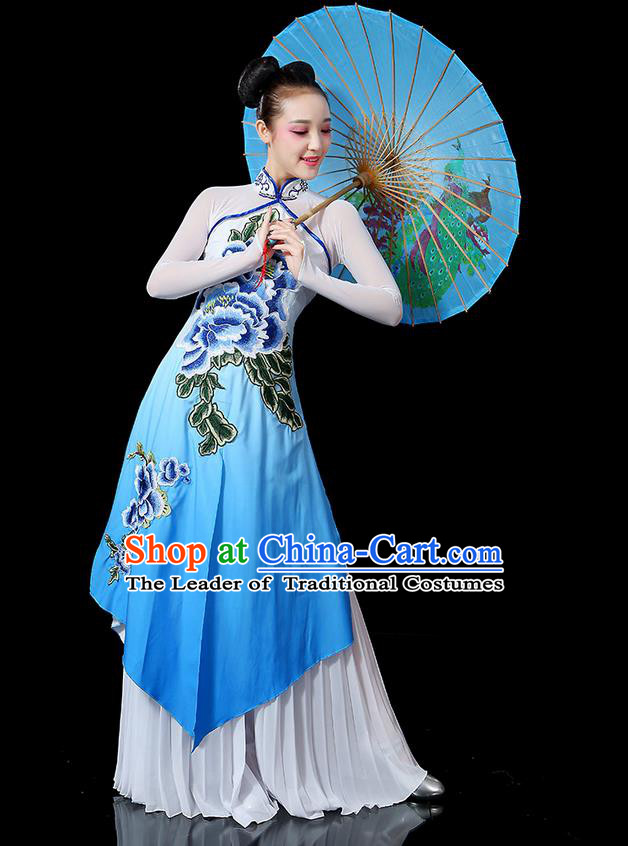 Traditional Chinese Yangge Fan Dancing Costume, Folk Dance Yangko Uniforms, Classic Umbrella Dance Elegant Peony Dress Drum Dance Clothing for Women