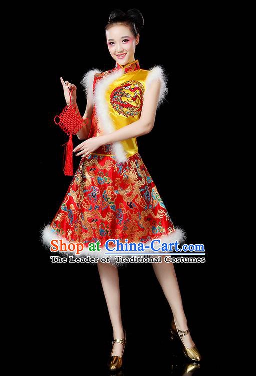 Traditional Chinese Yangge Fan Dancing Costume, Folk Dance Yangko Embroidered Dragon Satin Gold Uniforms, Classic Umbrella Dance Elegant Dress Drum Dance Clothing for Women