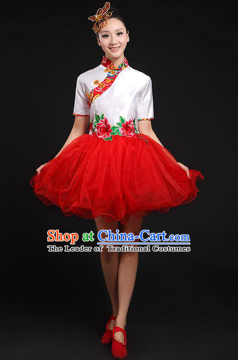 Traditional Chinese Yangge Fan Dancing Costume, Folk Dance Yangko Red Uniforms, Classic Umbrella Dance Elegant Cheongsam Short Dress Drum Dance Clothing for Women
