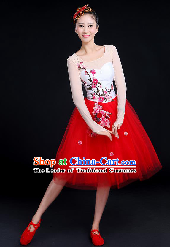 Traditional Chinese Style Modern Dancing Compere Costume, Women Opening Classic Chorus Singing Group Dance Embroider Plum Blossom Uniforms, Modern Dance Classic Dance Red Bubble Dress for Women