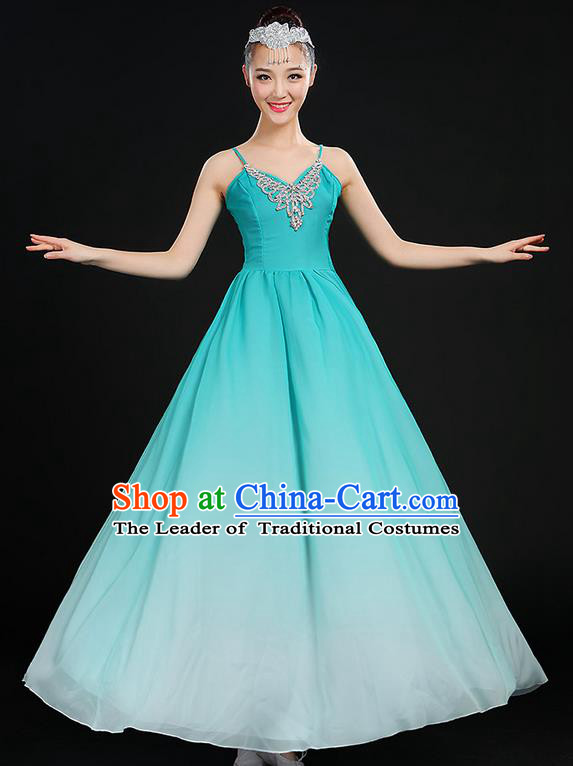 Traditional Chinese Modern Dancing Compere Costume, Women Opening Classic Chorus Singing Group Dance Dress Uniforms, Modern Dance Classic Dance Big Swing Blue Dress for Women