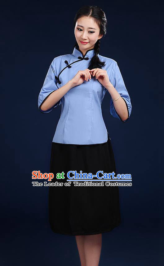Traditional Chinese Style Modern Dancing Compere Costume, Women Chorus Singing Group Opening Classic Dance Republic of China Students Blue Uniforms, Modern Dance Cheongsam Blouse Dress for Women