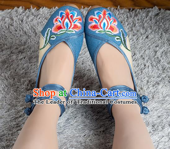 Traditional Chinese Shoes, China Handmade Linen Embroidered Peony Flowers Blue High-heeled Shoes, Ancient Princess Cloth Shoes for Women
