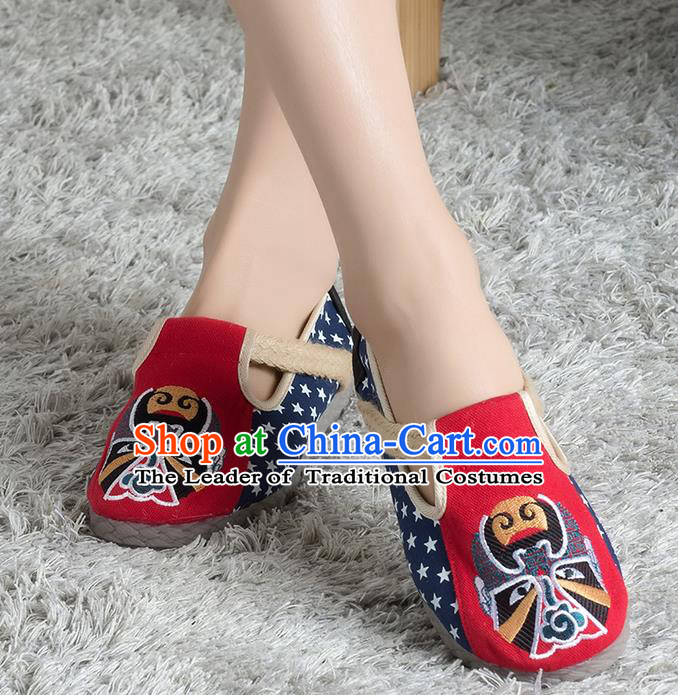 Traditional Chinese Shoes, China Handmade Linen Embroidered Beijing Opera Facial Masks Red Shoes, Ancient Princess Cloth Shoes for Women