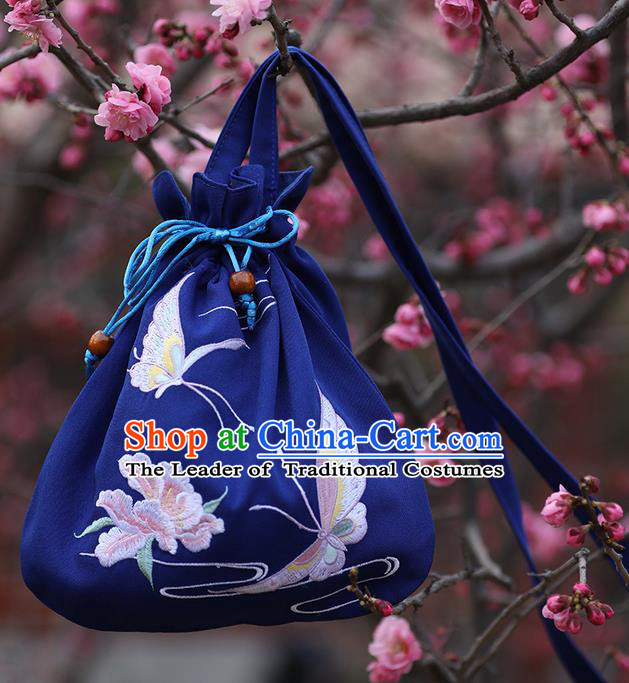 Traditional Ancient Chinese Young Lady Elegant Embroidered Butterfly Royalblue Handbags Cloth Bags for Women