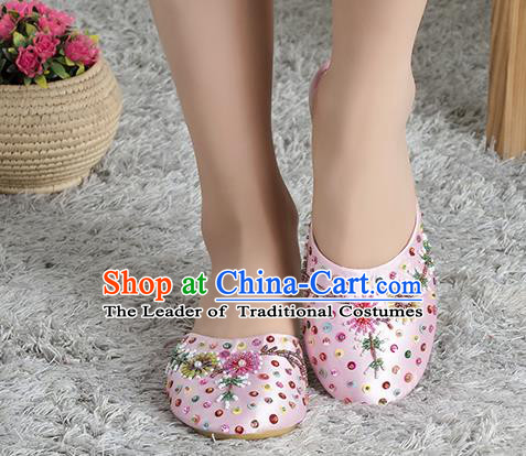 Traditional Chinese Shoes, China Handmade Linen Embroidered Beads Sequins Pink Slippers, Ancient Princess Satin Cloth Shoes for Women
