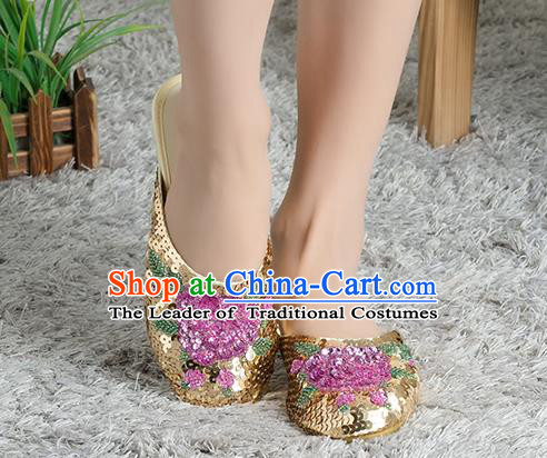 Traditional Chinese Shoes, China Handmade Linen Embroidered Beads Sequins Flowers Golden Slippers, Ancient Princess Satin Cloth Shoes for Women