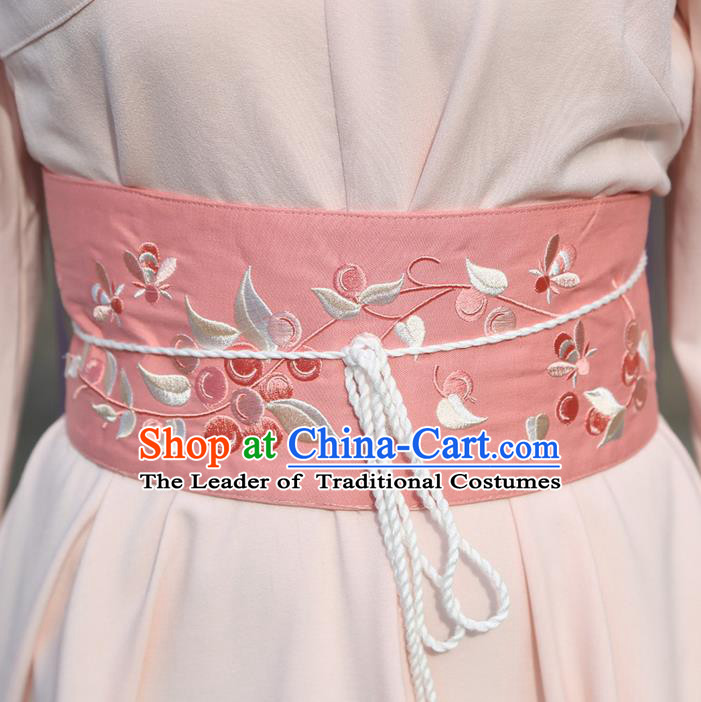 Traditional Ancient Chinese Young Lady Elegant Embroidered Pink Belt for Women