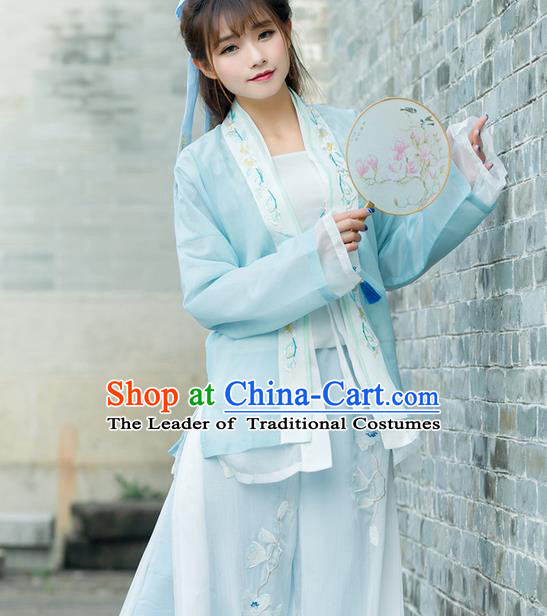 Traditional Ancient Chinese Young Lady Costume Embroidered BeiZi Blue Cardigan, Elegant Hanfu Cloak Clothing Chinese Ming Dynasty Imperial Princess Dress Clothing for Women