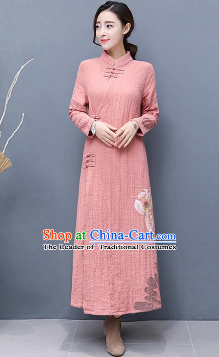 Traditional Ancient Chinese National Costume, Elegant Hanfu Mandarin Qipao Linen Hand Painting Pink Dress, China Tang Suit Chirpaur Republic of China Cheongsam Upper Outer Garment Elegant Dress Clothing for Women