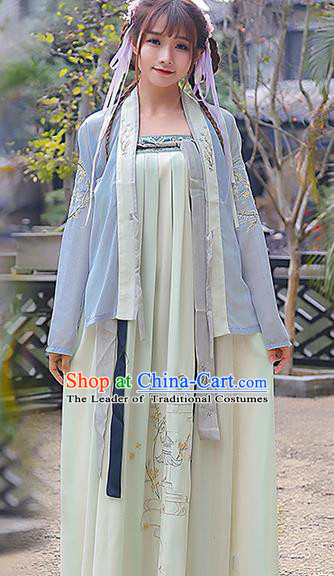 Traditional Ancient Chinese Costume, Elegant Hanfu Clothing Embroidered Slant Opening Blue Blouse and Slip Dress, China Tang Dynasty Princess Elegant Blouse and Skirt Complete Set for Women
