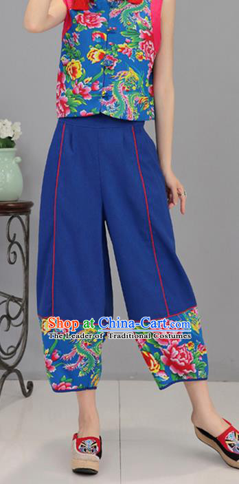 Traditional Chinese National Costume Northeast Cloth Plus Fours, Elegant Hanfu Printing Peony Blue Bloomers, China Ethnic Minorities Tang Suit Pantalettes for Women