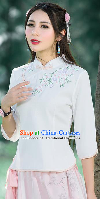Traditional Chinese National Costume, Elegant Hanfu Embroidery Flowers Slant Opening White Blouses, China Tang Suit Republic of China Plated Buttons Chirpaur Blouse Cheong-sam Upper Outer Garment Qipao Shirts Clothing for Women