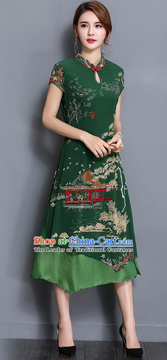 Traditional Ancient Chinese National Costume, Elegant Hanfu Mandarin Qipao Printing Green Dress, China Tang Suit Chirpaur Republic of China Cheongsam Upper Outer Garment Elegant Dress Clothing for Women