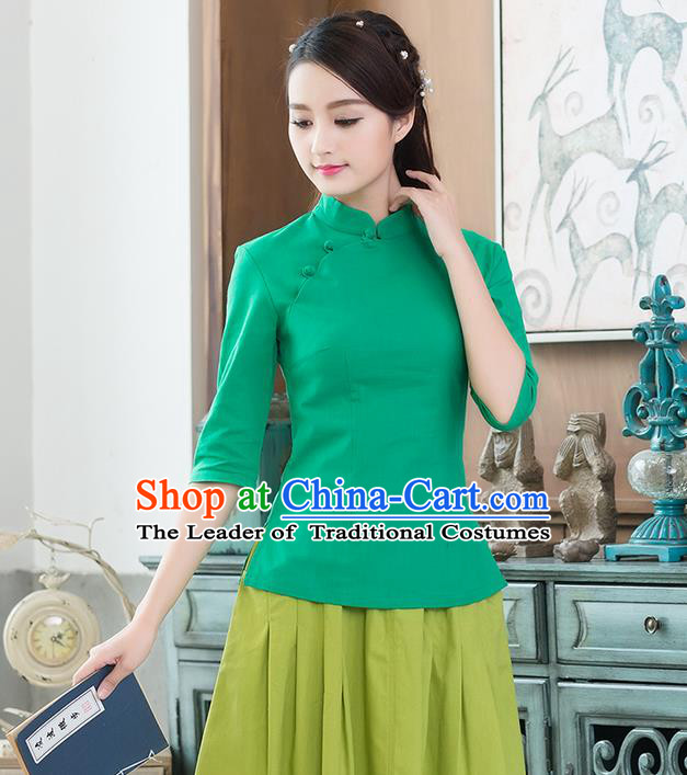 Traditional Chinese National Costume, Elegant Hanfu Linen Plated Buttons Stand Collar Green Blouse, China Tang Suit Cheongsam Shirts Upper Outer Garment Elegant Blouses for Women