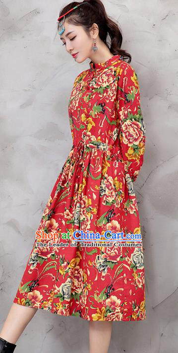 Traditional Chinese National Costume, Elegant Hanfu Northeast Big Flower Red Dress, China Tang Suit Cheongsam Upper Outer Garment Elegant Dress Clothing for Women