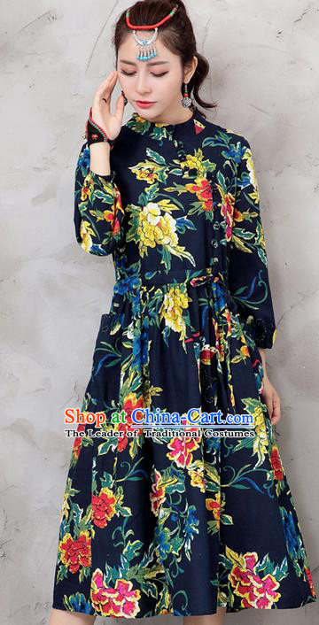 Traditional Chinese National Costume, Elegant Hanfu Northeast Big Flower Navy Dress, China Tang Suit Cheongsam Upper Outer Garment Elegant Dress Clothing for Women