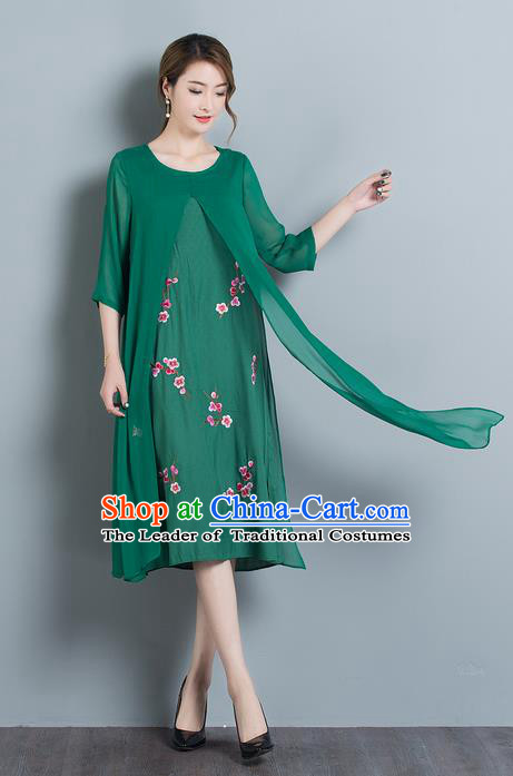 Traditional Ancient Chinese National Costume, Elegant Hanfu Mandarin Qipao Embroidered Peach Blossom Green Dress, China Tang Suit Cheongsam Upper Outer Garment Elegant Dress Clothing for Women