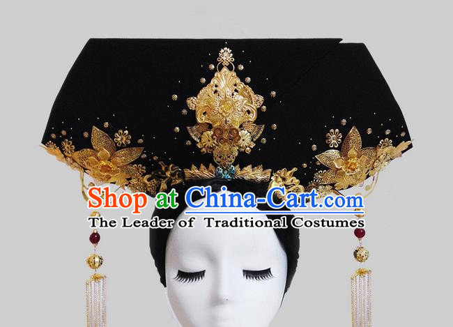 Traditional Ancient Chinese Imperial Consort Hair Jewellery Accessories, Chinese Qing Dynasty Manchu Palace Lady Headwear Zhen Huan Big La fin Tassel Headpiece, Chinese Mandarin Imperial Concubine Flag Head Hat Decoration Accessories for Women