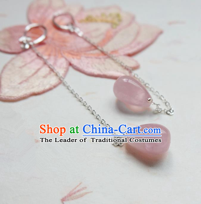 Traditional Handmade Chinese Ancient Classical Accessories, Chinese Eardrop Long Tassel Pink Jade Jewellery Earrings Hanfu Earbob for Women